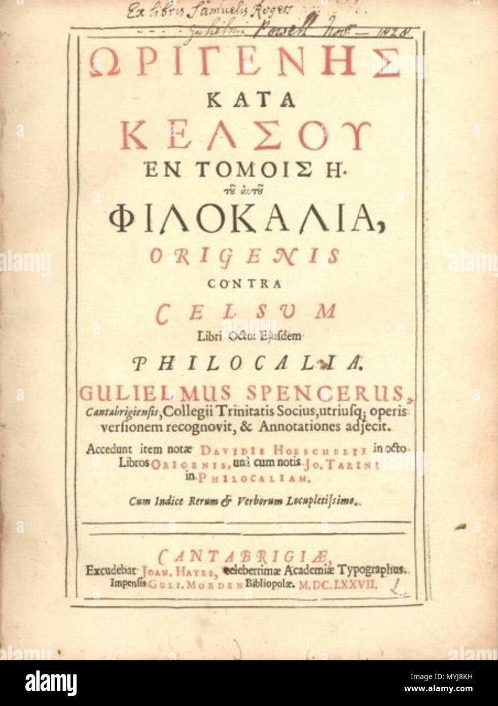 . Anglais : Spencer, William [ ? - 1714]. : Contra Celsum, Origène, Livre 8, lié avec, Origène : Philokalia, éd. par Jo. Tarini Andegavi. Cambridge : Joan. Hayes, 1676. 1676. Origène 293 Kata Kelsou Banque D'Images