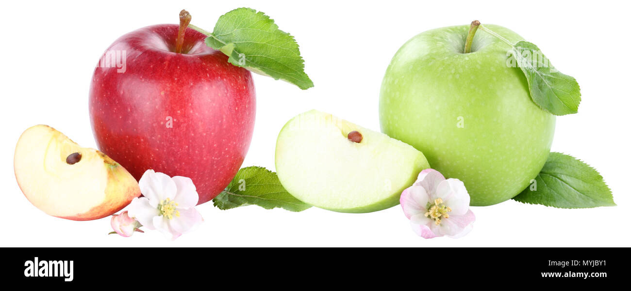 Pomme fruit fruits pommes en tranches tranche rouge et vert blossom isolé sur fond blanc Banque D'Images