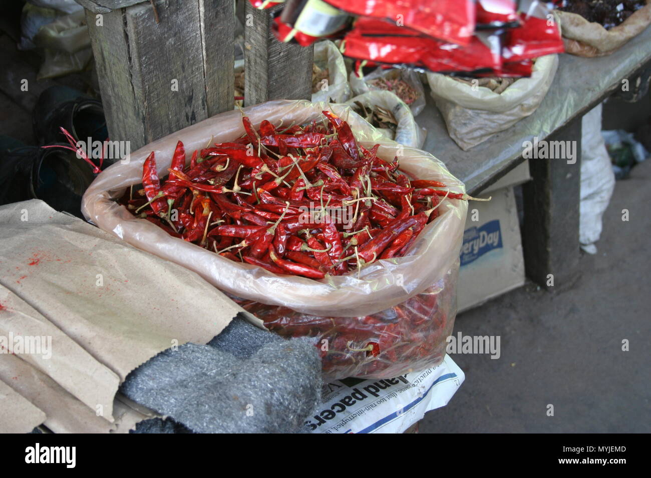 Grand sac de piments rouges séchés, de l'Inde Banque D'Images