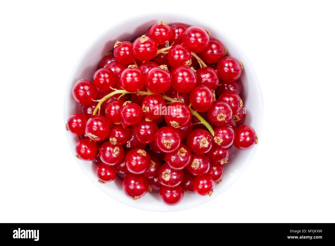 Les baies de groseilles rouges au-dessus de bol isolé sur fond blanc Banque D'Images