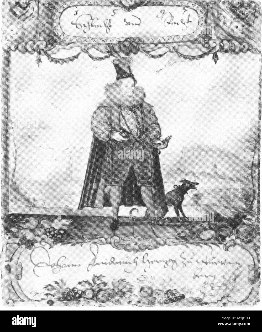 . Herzog Johann Friedrich (1582 - 1628) Zürich 1596 - 1626 Papierhandschrift, Aquarelle etc. eingescannt aus : Die deutschen im Südwesten Renaissance zwischen Reformation und Krieg Dreißigjährigem. Eine Ausstellung des Landes Baden-Württemberg, Heidelberger Schloss, 21. Juin - 19 Oktober 1986 . vers 1597. Stammbuch des Nikolaus Ochsenbach Renaissance 451 G35 Johann Friedrich Banque D'Images