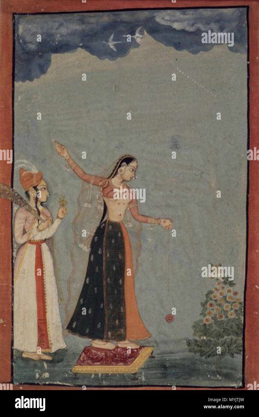 . Dame avec un yo-yo au nord de l'Inde (Rajasthan, Bundi ou Kota) . Cette peinture appartient à la vaste genre des peintures représentant des femmes solitaires qui doivent s'amuser pendant que leurs amants sont là. Il montre une femme jouant avec une chaîne jouet qui est similaire, mais non identique, à l'Ouest un yo-yo. Elle se dresse sur un tabouret bas, qui sert de piédestal, nous invitant à admirer la beauté de l'objet. Le serviteur debout derrière elle est probablement une femme (à en juger par le fin voile sur ses épaules et son hennaed pieds), mais elle est habillée dans le turban et long manteau (JAMA), de l'homme. Elle tenir Banque D'Images