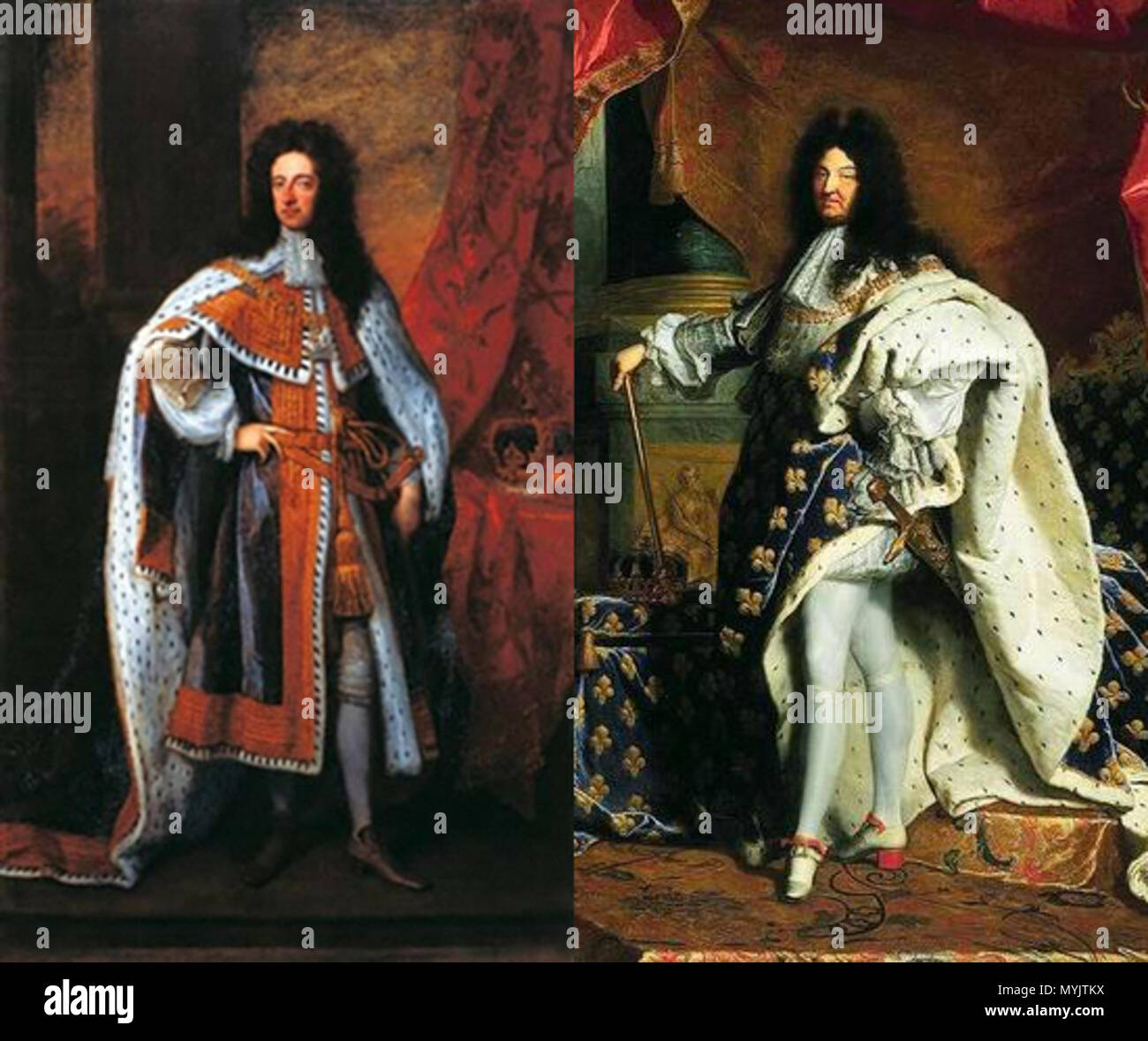 . En commençant à gauche : portrait de William III (1650-1702) ; portrait de Louis XIV (1638-1715) 519 Les duellistes (William III et Louis XIV) Banque D'Images