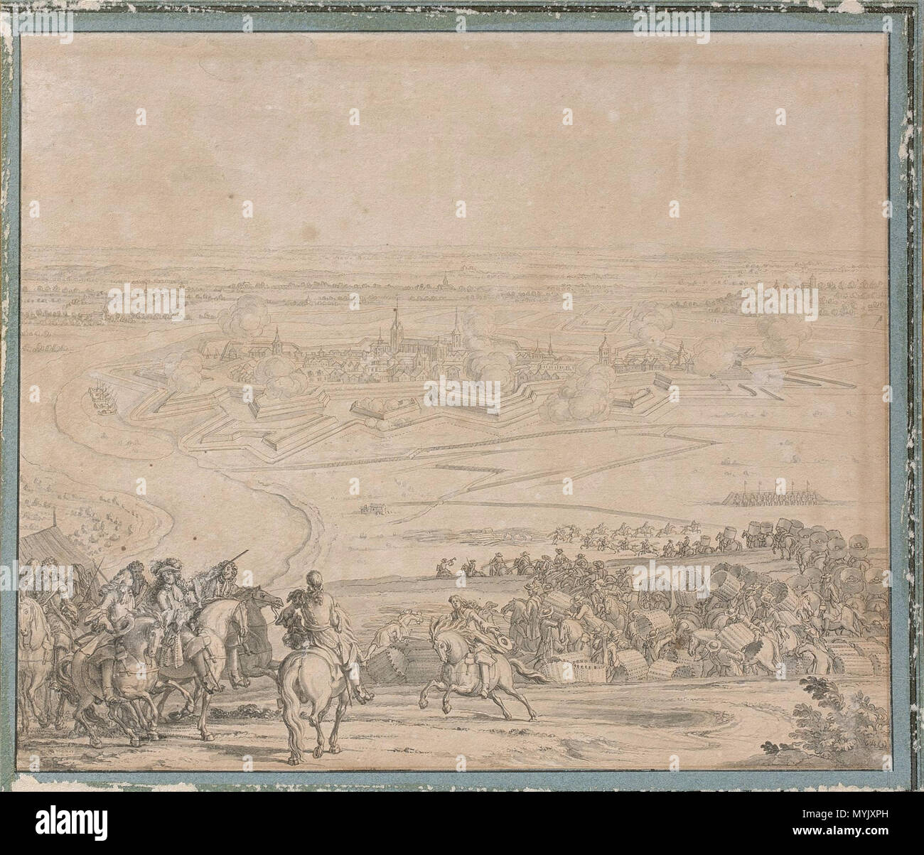 . English : Plume et encre brune et noire, lavis brun et rehauts de gouache blanche sur trait de sanguine, passé au stylet Un morceau de papier ajouté sur le personnage de Louis XIV, en bas à gauche hauteur : 22,30 cm Largeur : 26 cm . Fin 17e-début 18e siècle. Sébastien Leclerc Leclerc 317 La prise de Doesbourg par Louis XIV en 1672 lors de la guerre de Hollande Banque D'Images