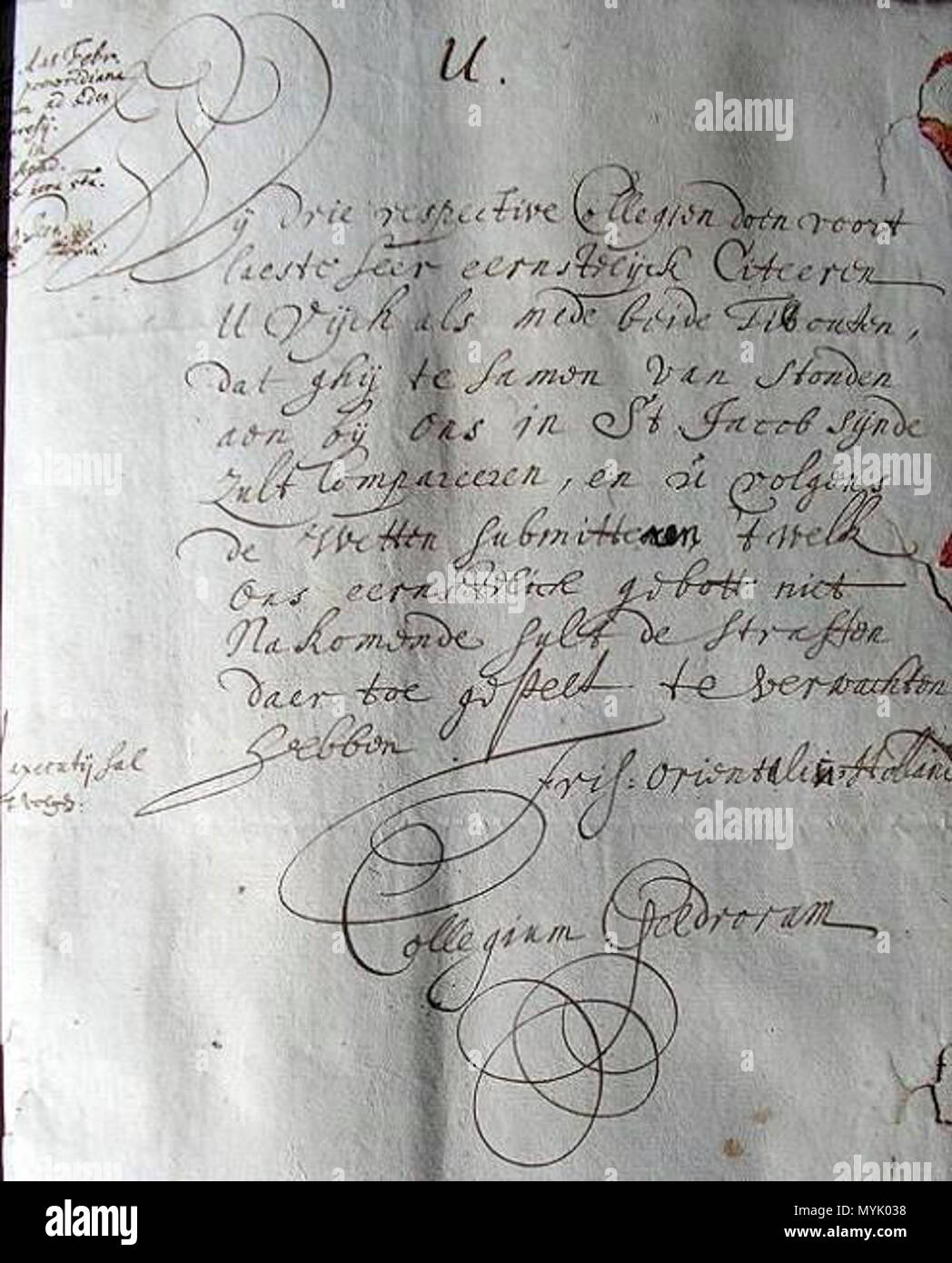 . French : Photo d'une lettre de notification de trois Dutch nationes à trois étudiants qui avait longtemps refusé de devenir membre de la société secrète, la collegia nationalia à l'Université de Groningen, Février 15, 1653 : Nederlands Foto van de originele bref van de drie Collegia Nationalia (Oost-Friesland à Groningen, en Hollande en Ziekenhuis Velp) aan meir studenten die couvercle weigeren te worden van deze nationes hierin sommatie, rencontré un om te verschijnen voor de collegia dans l'hôtel de Sint Jacob te Groningen. 8 avril 2009. Harry tonne 392 Notif nationes Banque D'Images