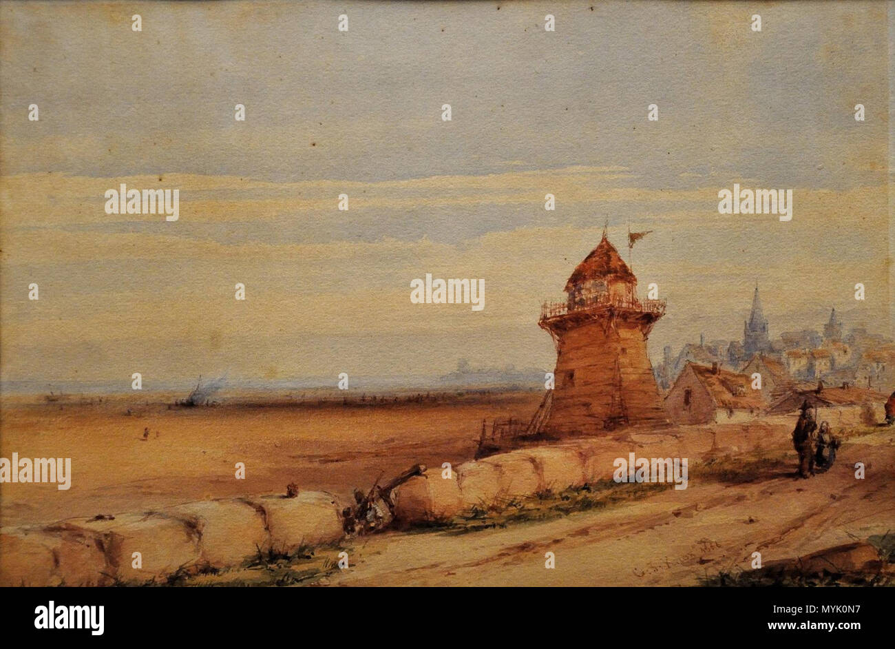 . Anglais : au-delà de ville signé & daté 1856 bas droite Aquarelle 33cm x 22cm . 1856 323 au-delà de ville phare avec Banque D'Images