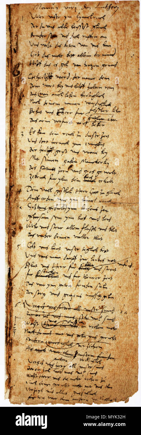 . Deutsch : Manuscrit Martin Luthers, Das Vaterunser-Lied. Quelques Chorälen von einer von Martin Luther. Auf der zweiten Seite ist die bekannte von Notenschrift unique, Martin Luther. Von ihm selbst wieder verworfen. vers 1530. Martin Luther (1483 - 1546) 334 Luther Vaterunser 001 Banque D'Images