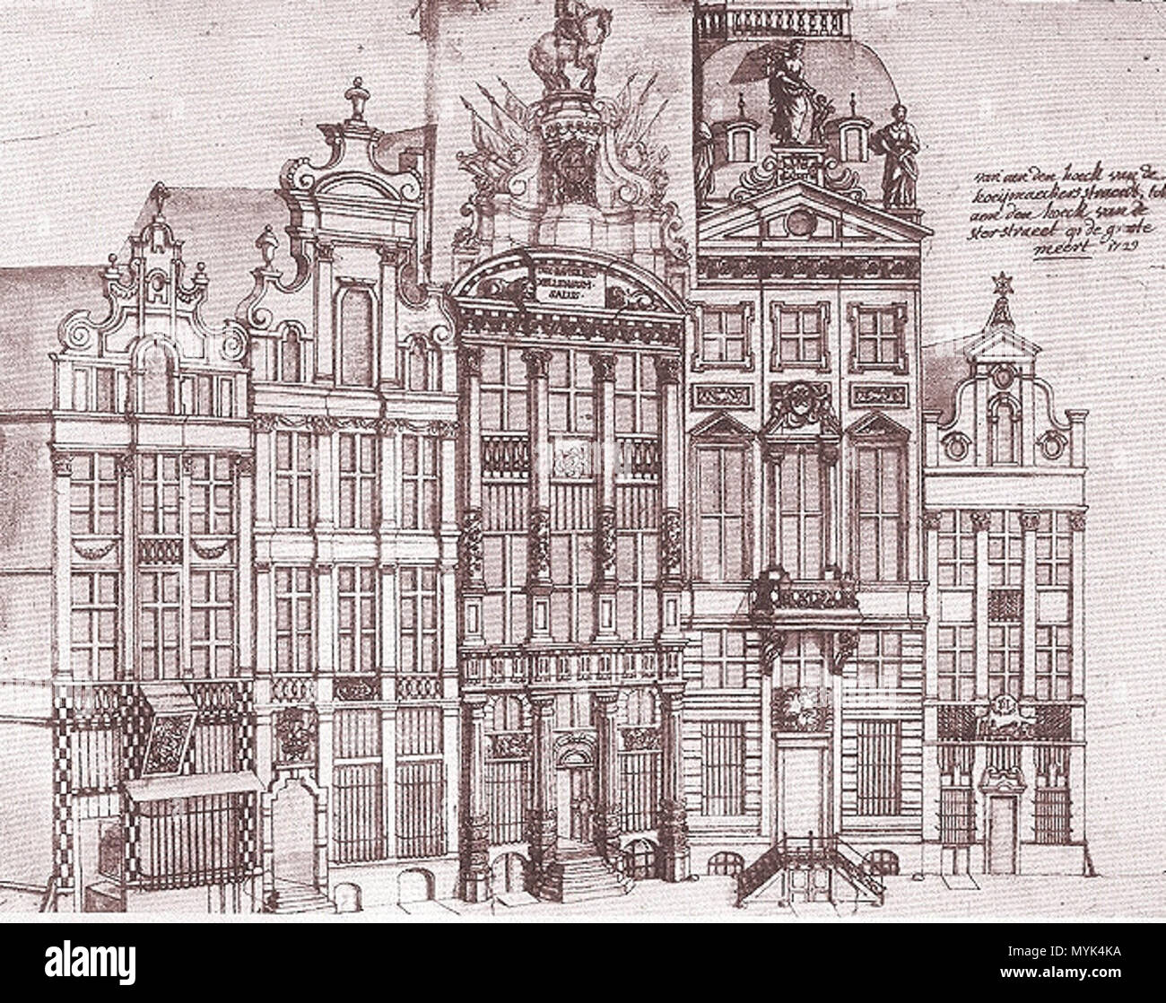 . Maisons de la Grand-Place de Bruxelles, d'après F.J. Rons de dessins et aquarelles exécutés de 1729 à 1749. De gauche à droite : Le Mont Thabor, La Rose, L'arbre d'Or, le Cygne, L'Étoile. 18 septembre 2007. Utilisateur:Ben2 339 Maisons Grand-Place BXL De rons 02 Banque D'Images