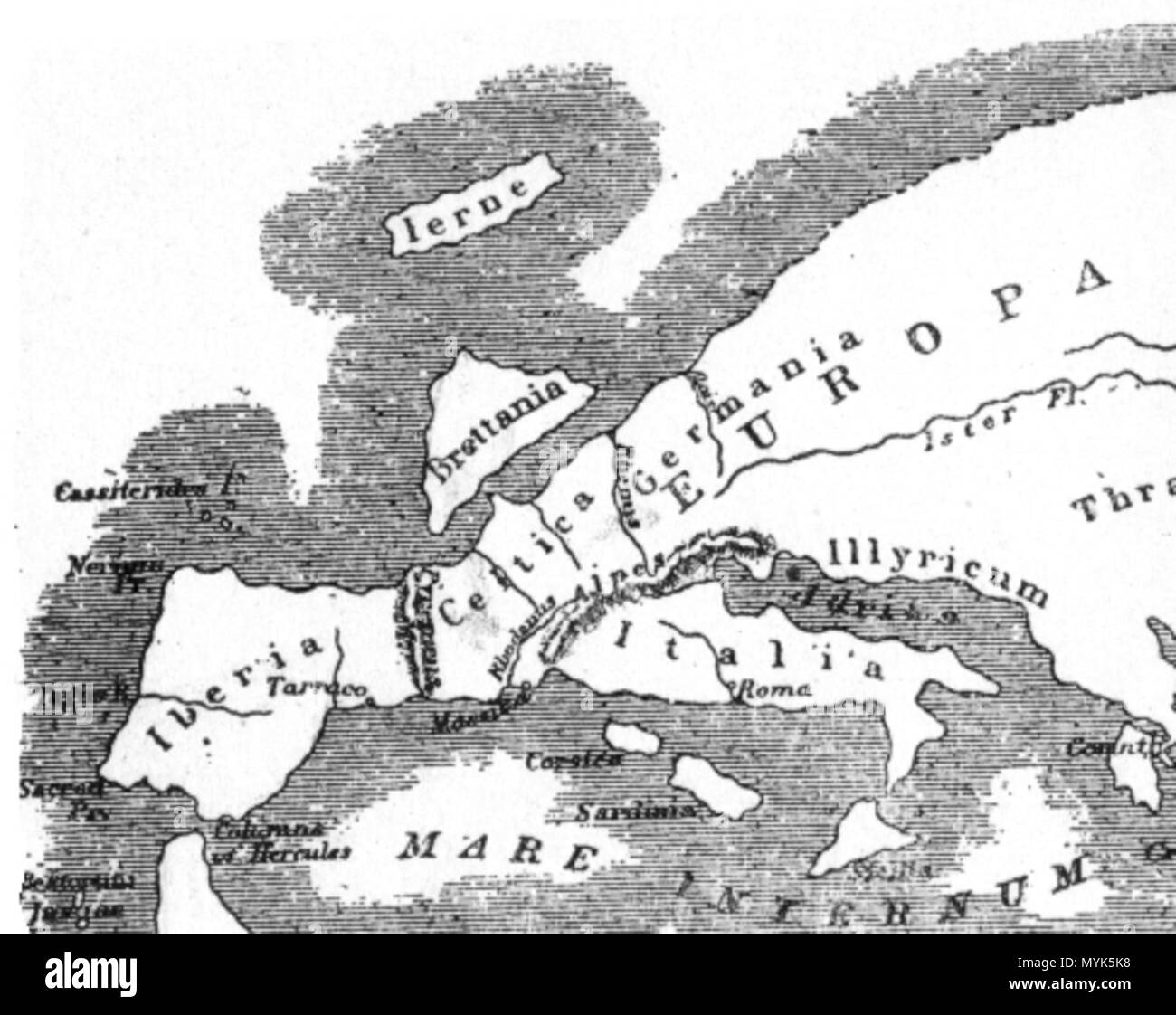 Deutsch : Karte von Europa nach Strabon (* 63. c. Chr. à Amaseia Pontos  dans † ; nach 23 n. Chr.) Suchbegriffe : Ierne, Iberia, Brettania, Celtica,  Germania, Europa, Illyrie, Italia.