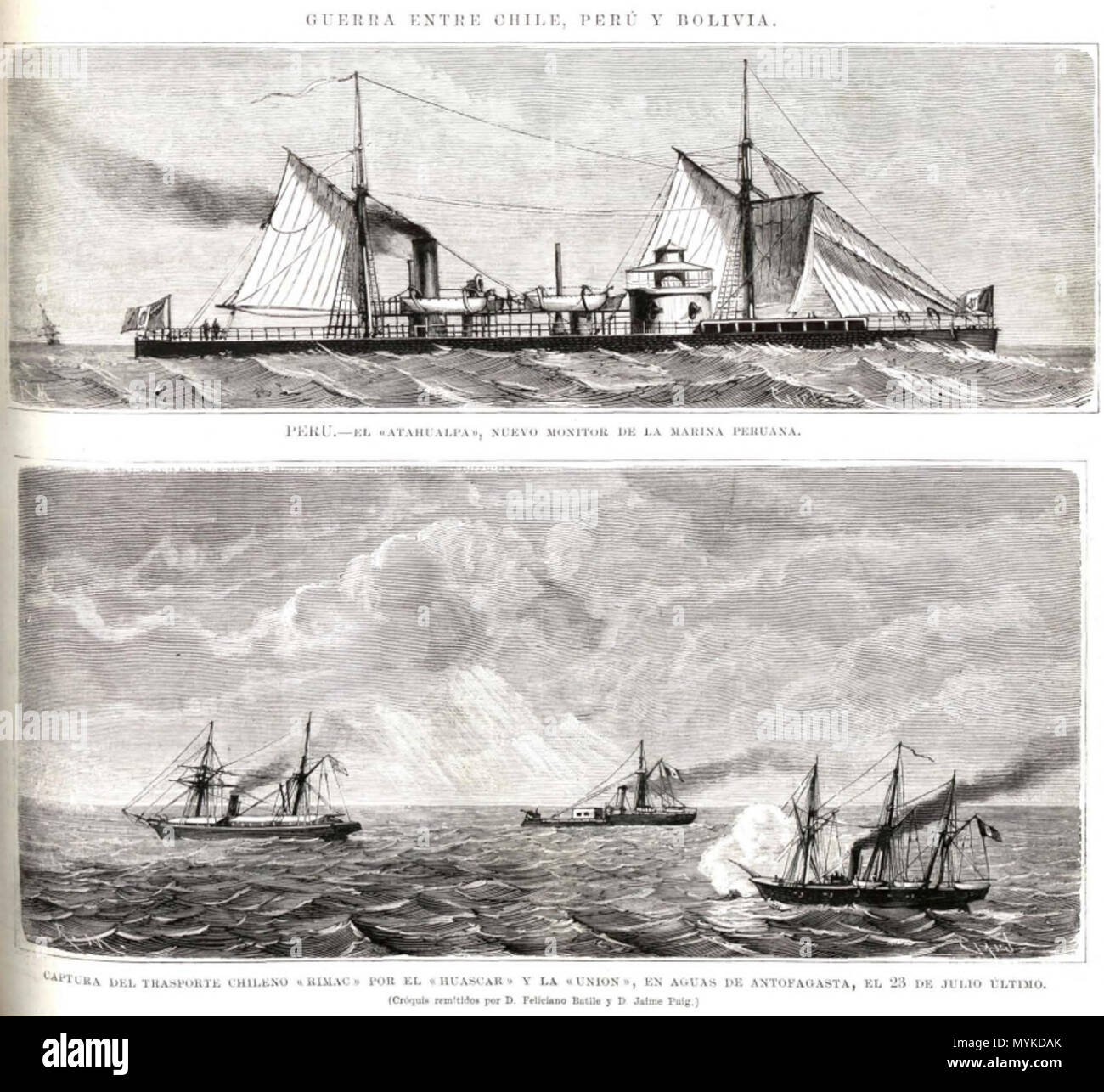 . Español : Moniteur Atahualpa, Rimac, Huascar, Union européenne . 1879. La Ilustracion Espanola ... , 22 de septiembre de 1879 368-Moniteur atahualpa-rimac-huascar-union européenne-1879 Banque D'Images