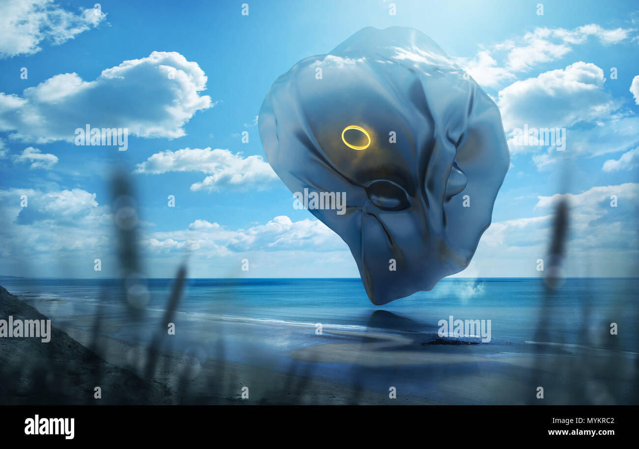 Un étrange et mystérieux objet futuriste planant au-dessus d'une plage pittoresque sur un summerday hto. Illustration technique mixte. Banque D'Images