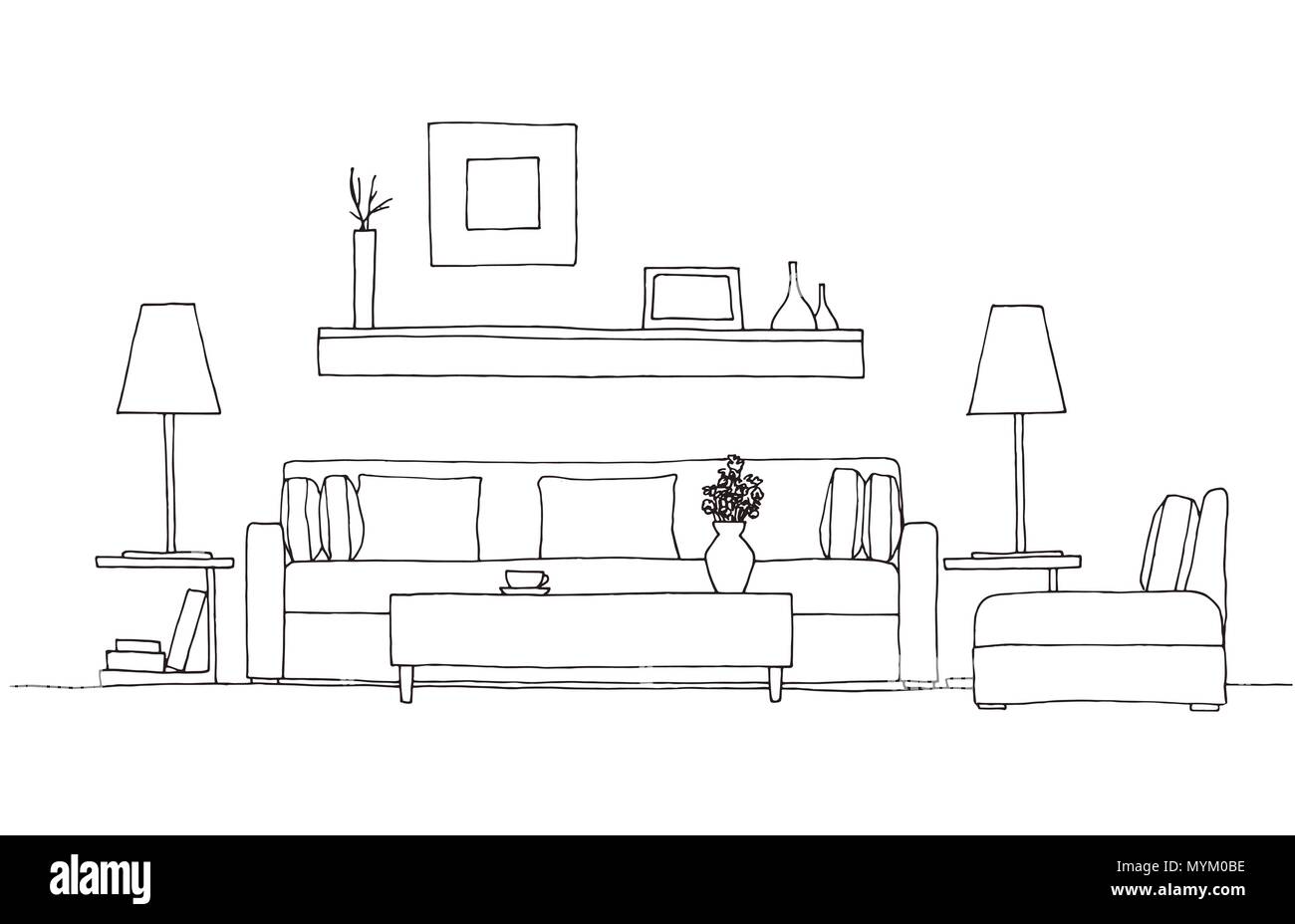 Canapé, fauteuil, table et lampe avec plante en pot. Hand drawn vector illustration d'un croquis de style. Illustration de Vecteur