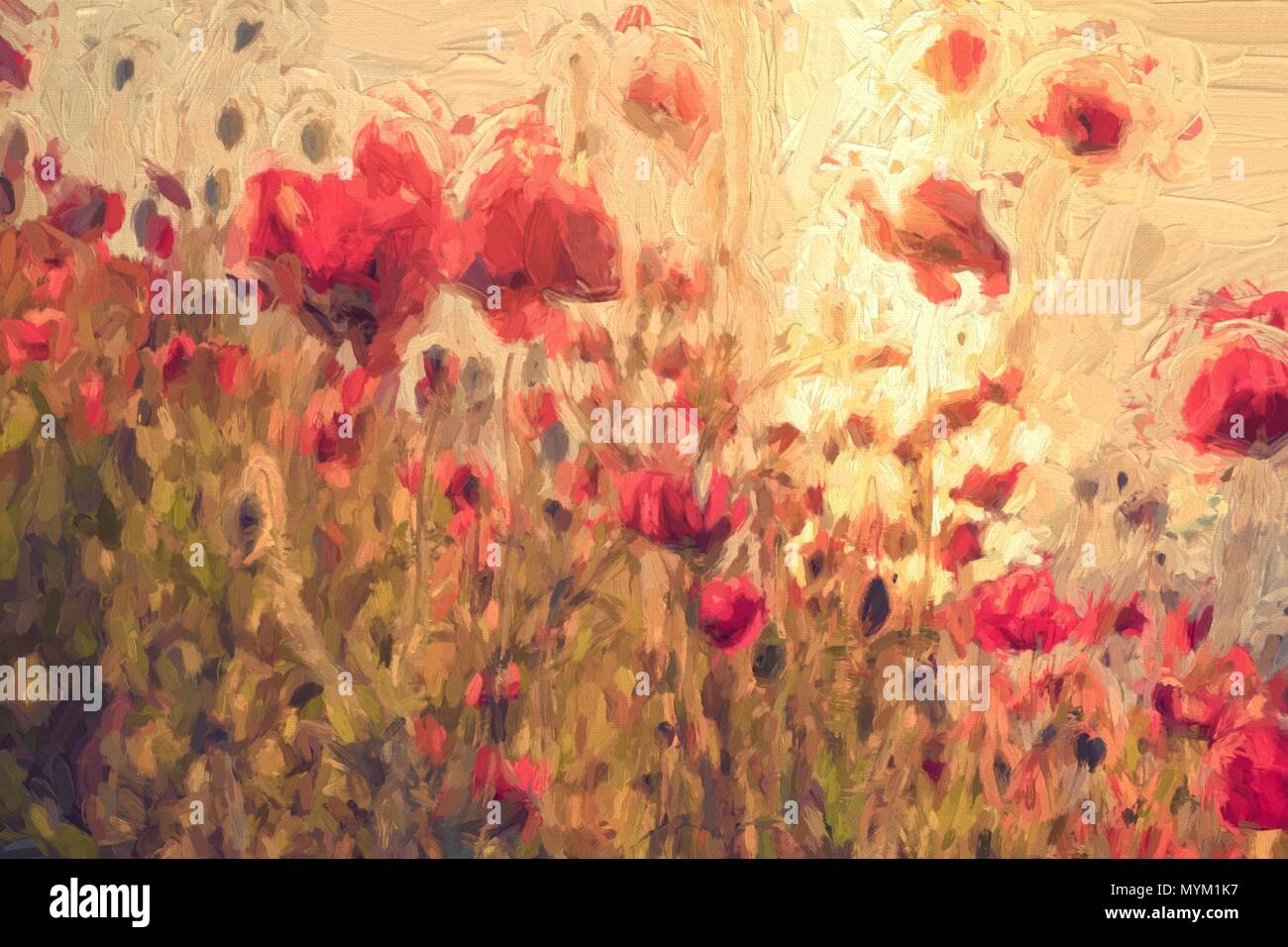 Peinture d'art numérique de l'original d'une photo d'un champ de fleurs de pavot maïs rouge vif en été au coucher du soleil près d'une rivière. Cette peinture à l'huile toile effi Banque D'Images