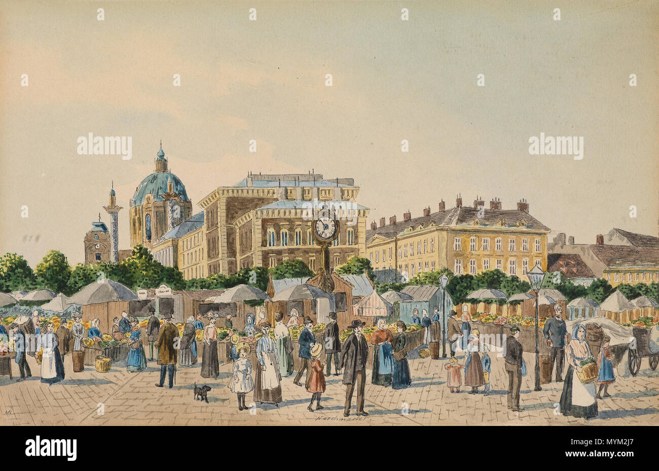 . Deutsch : Der alte Naschmarkt und die Karlskirche, betitelt monogrammiert und MN, Feder, Tusche und Aquarell auf Papier, 18 x 28 cm . vers 1890-1920. Max Neubauer (fl. c. à Vienne 1890-1920) 356 Max Neubauer Modifier Naschmarkt und Karlskirche Banque D'Images