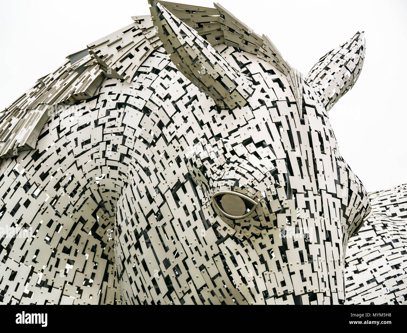 Gros plan sur la sculpture complexe de la tête de cheval en métal de Kelpie par Andy Scott, Helix Park, Falkirk, Écosse, Royaume-Uni Banque D'Images