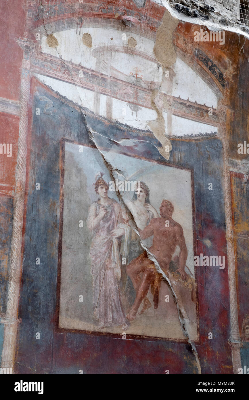 Fresque sur mur à l'intérieur de la salle de l'Augustals sur l'ancien site archéologique romain d'Herculaneum, Ercolano, Naples, Campanie, Italie, Europe Banque D'Images