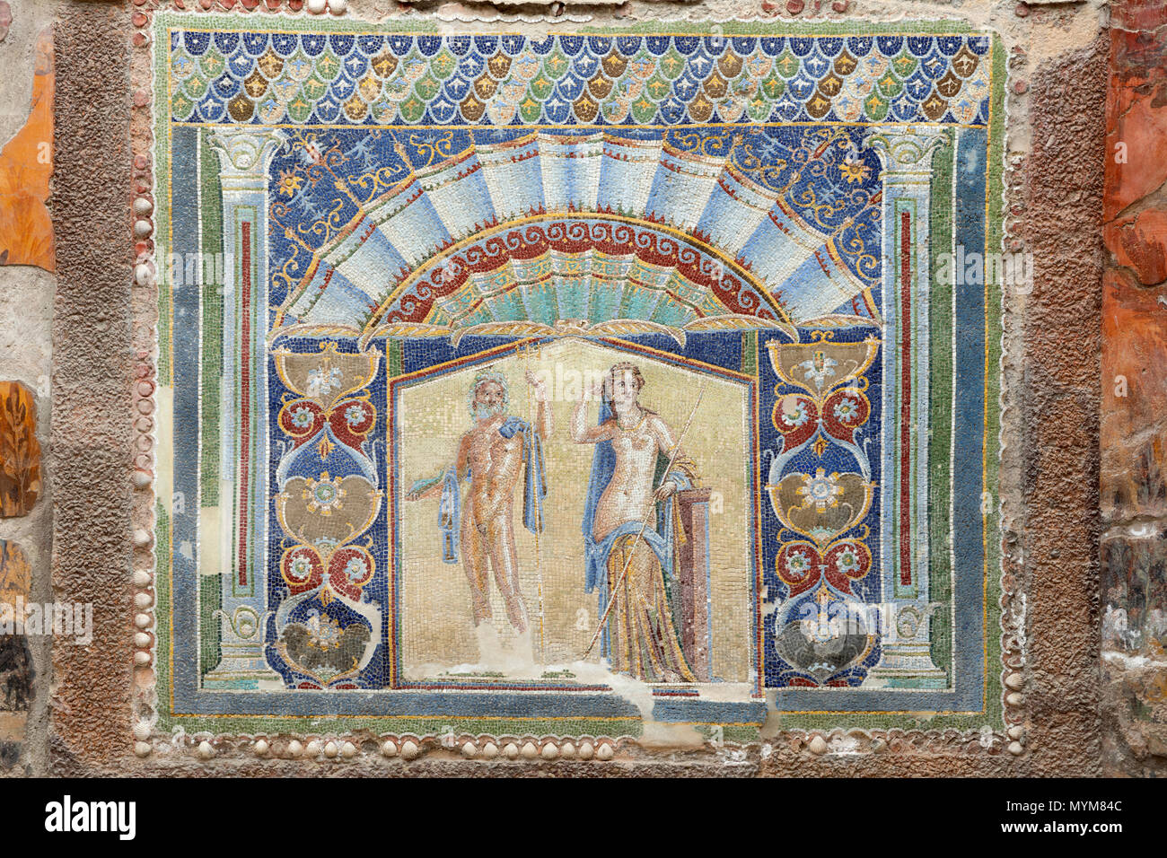 Mosaïque représentant Neptune et Amphitrite sur l'ancien site archéologique romain d'Herculaneum, Ercolano, Naples, Campanie, Italie, Europe Banque D'Images