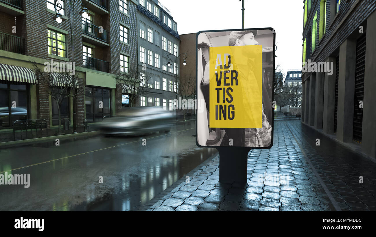 Panneau publicitaire on city street au rendu 3D en soirée Banque D'Images