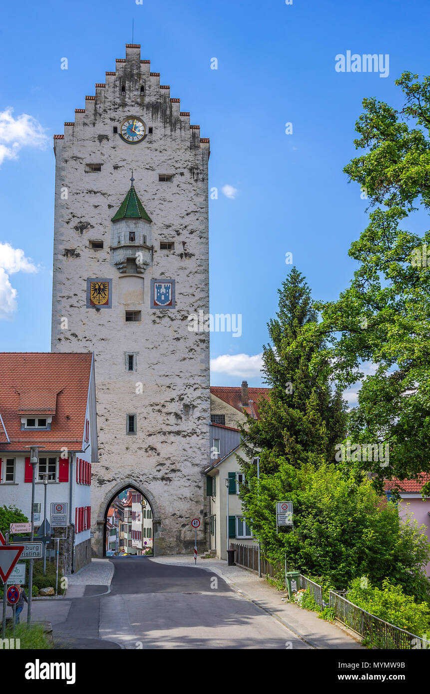 Vue sur la cité médiévale Obertor porte de ville à Ravensburg, Bade-Wurtemberg, en Haute Souabe, Allemagne. Banque D'Images