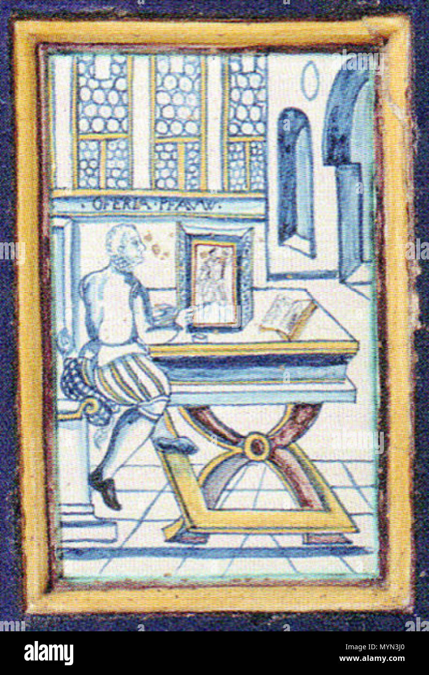 . Deutsch : Ofenkachel von Ludwig Pfau I. erstellt, heute im Nationalmuseum der Schweiz. Es zeigt einen Ofenmaler bei der Arbeit. Anglais : cuisinière pile de Ludwig Pfau I., aujourd'hui dans le musée national de la suisse. Il montre un peintre cuisinière au travail. 2. Hälfte des 16. Jahrhundert [höchstwarscheinlich irgendwann zwischen 1568 (erste bekannte und Erbringung von als Hafner) 1597 (TSD)]. Ludwig Pfau I. 395 Ofenkachel Ludwig Pfau J Banque D'Images