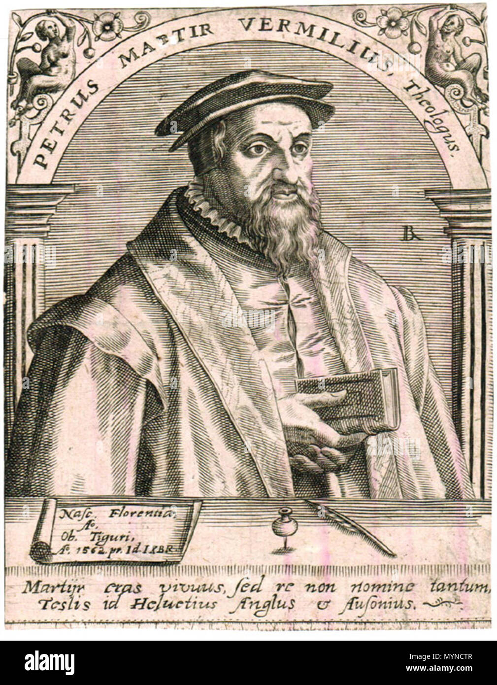 . Anglais : un petit début, intéressant portrait du réformateur religieux florentin Pietro Martire Vermigli (1500-62). Vermigli est représenté enfermé dans un cadre ovale, portant une télévision et petite ruff et sombre manteau, et à légèrement à droite . circa 1600. Pierre Martyr Vermigli inconnu 417 gravure sur cuivre Banque D'Images