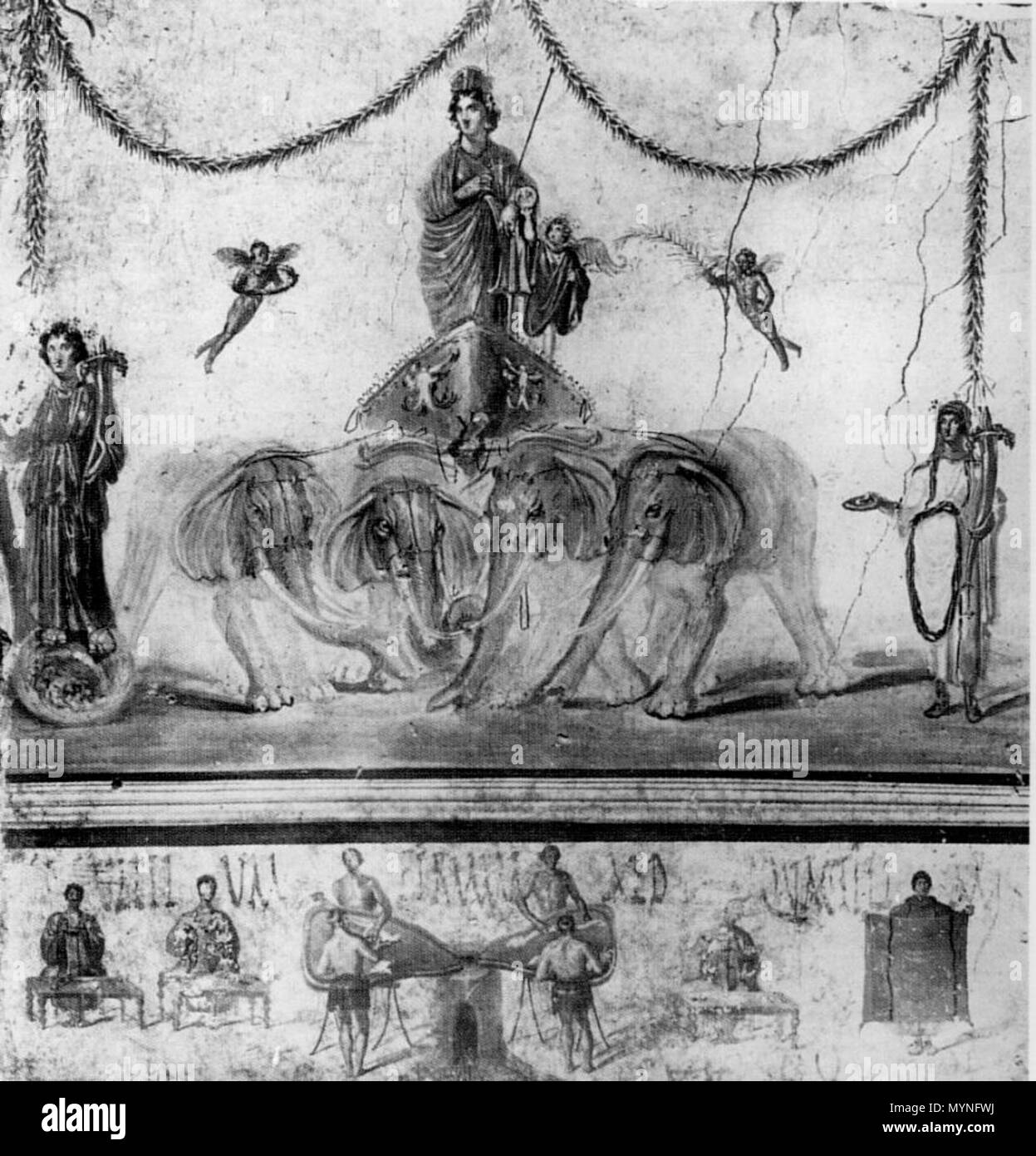 . Anglais : Vénus debout sur un quadrige d'éléphants. Frecso romaine de l'Officina di Verecundus (IX 7, 5) à Pompéi. Photographie prise dans les années 50. Deutsch : Venus auf einer Elephantenquadriga stehend. Römisches Fresko von der Officina di Verecundus (IX 7, 5) dans Pompeji. Aufnahme aus den 1950er Jahren . 14 mars 2009. WolfgangRieger 429 Pompéi - Officina di Verecundus - Vénus 1 Banque D'Images