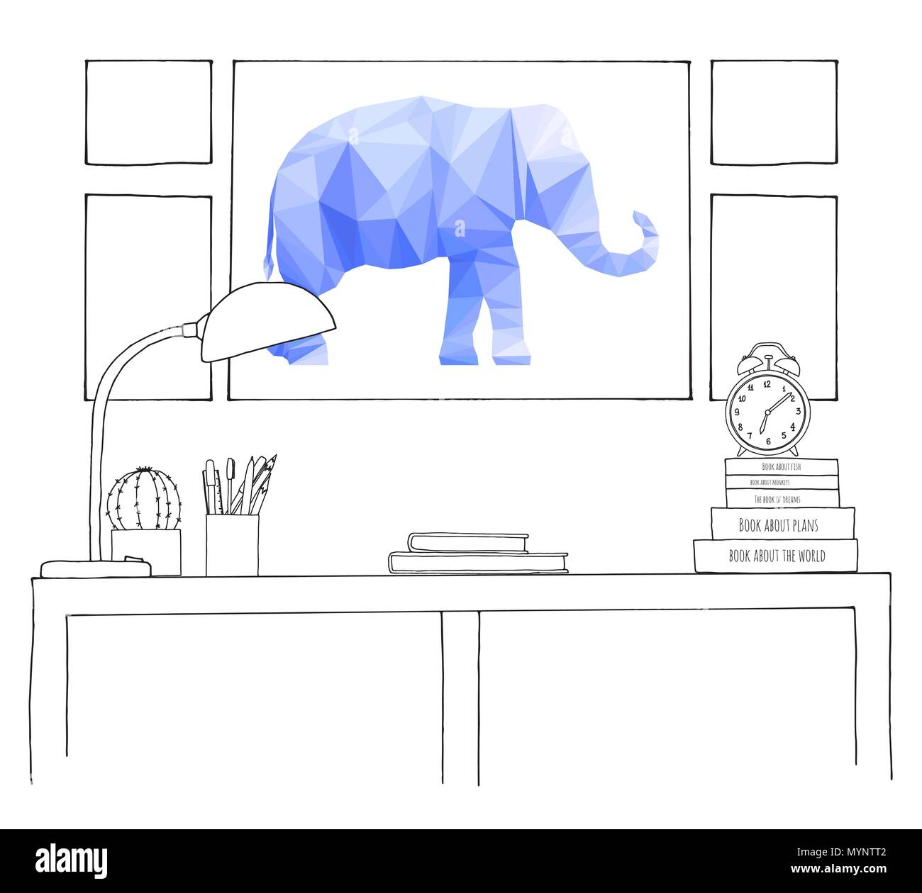 Croquis de l'intérieur. Une table, une table de chevet, une étagère avec divers éléments de l'intérieur. Peut être utilisé comme une maquette. Châssis pour vos graphiques. Illustration de Vecteur