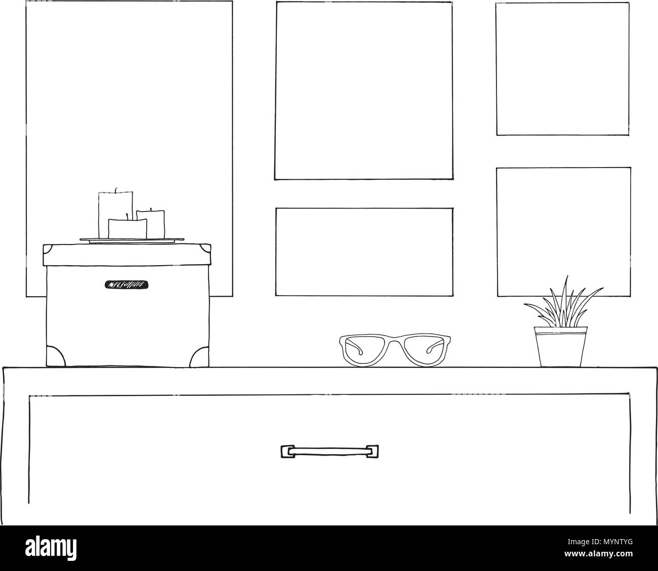 Croquis de l'intérieur. Une table, une table de chevet, une étagère avec divers éléments de l'intérieur. Peut être utilisé comme une maquette. Châssis pour vos graphiques. Illustration de Vecteur
