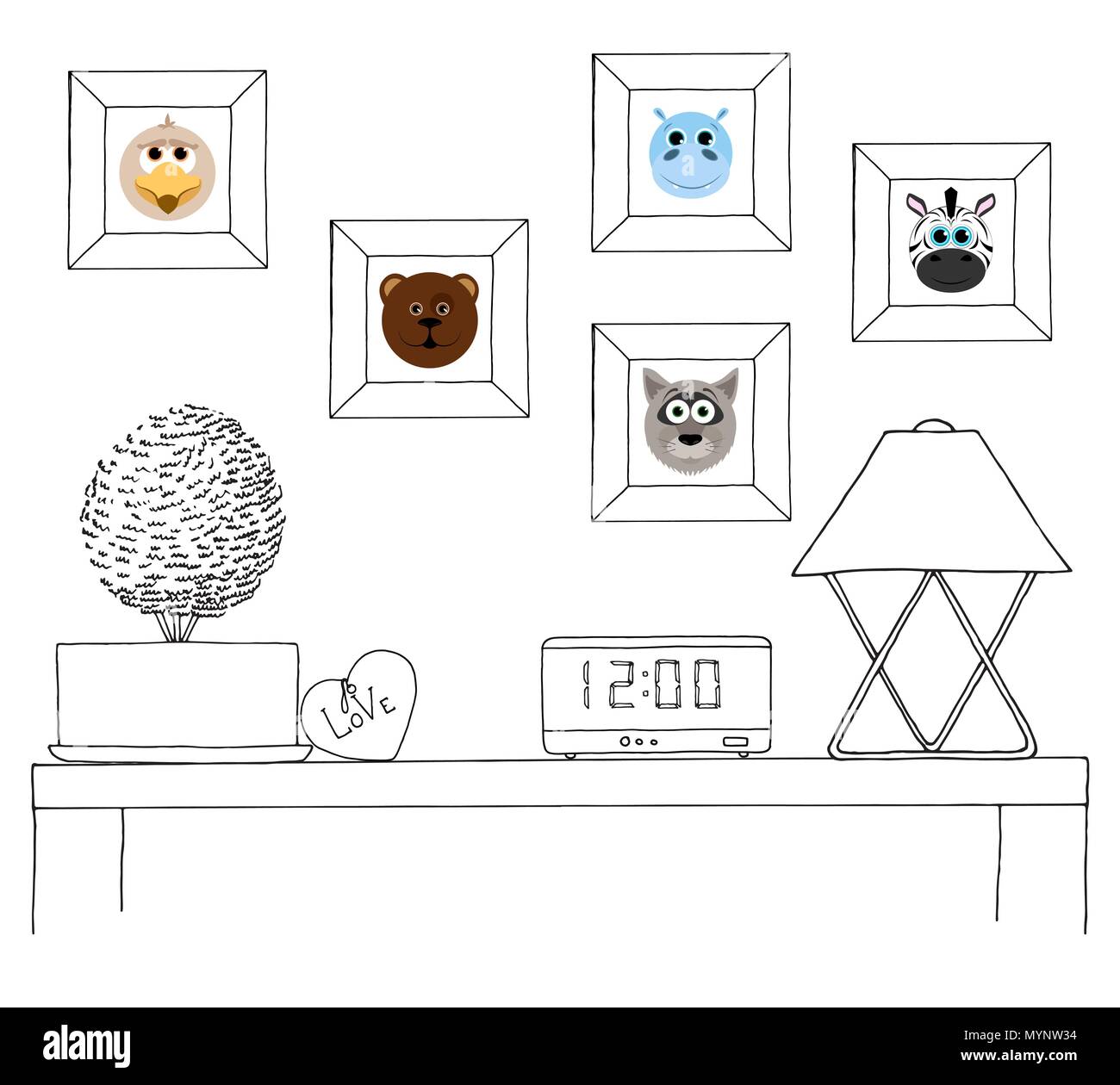 Croquis de l'intérieur. Une table, une table de chevet, une étagère avec divers éléments de l'intérieur. Peut être utilisé comme une maquette. Châssis pour vos graphiques. Illustration de Vecteur