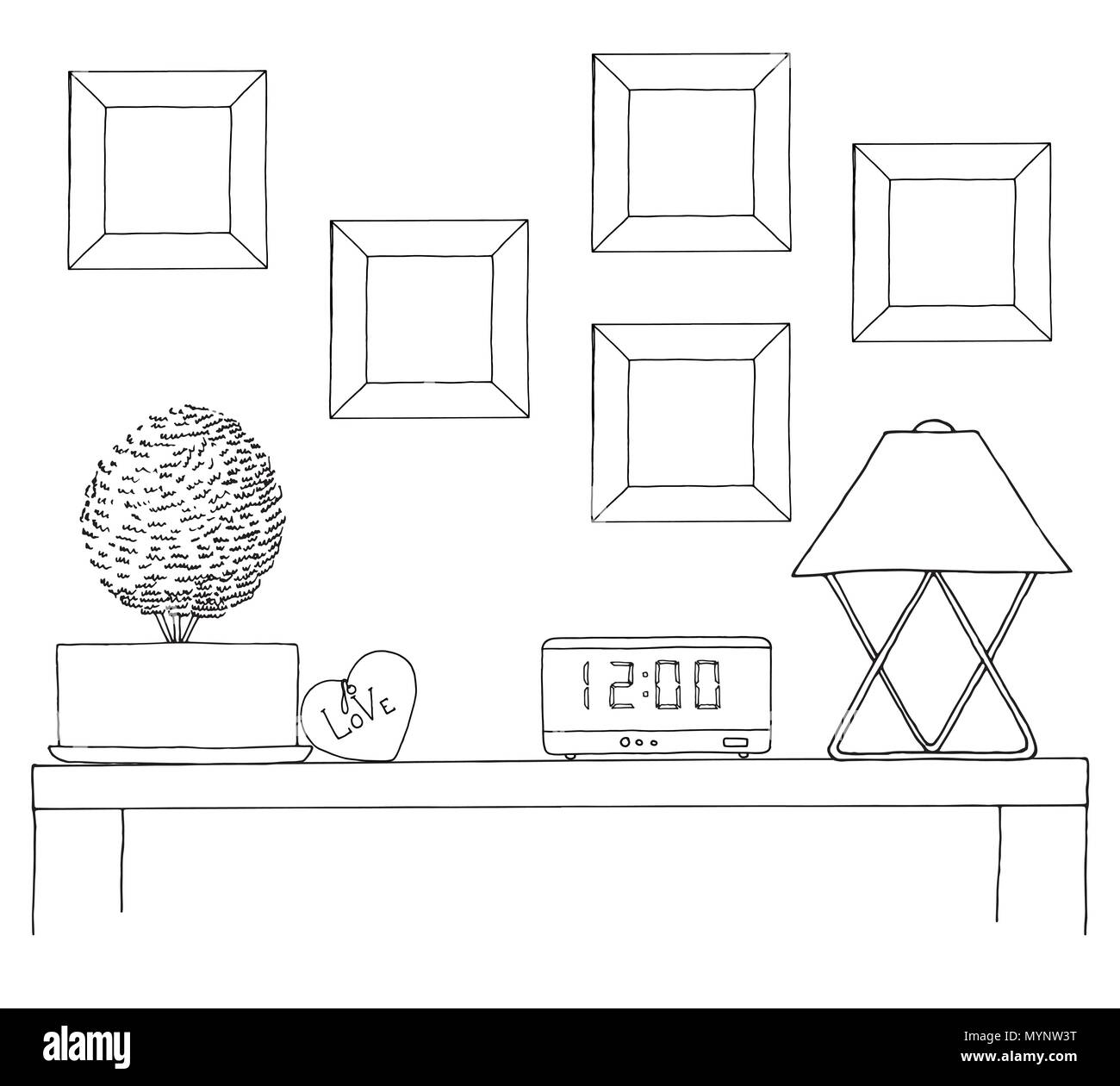 Croquis de l'intérieur. Une table, une table de chevet, une étagère avec divers éléments de l'intérieur. Peut être utilisé comme une maquette. Châssis pour vos graphiques. Illustration de Vecteur