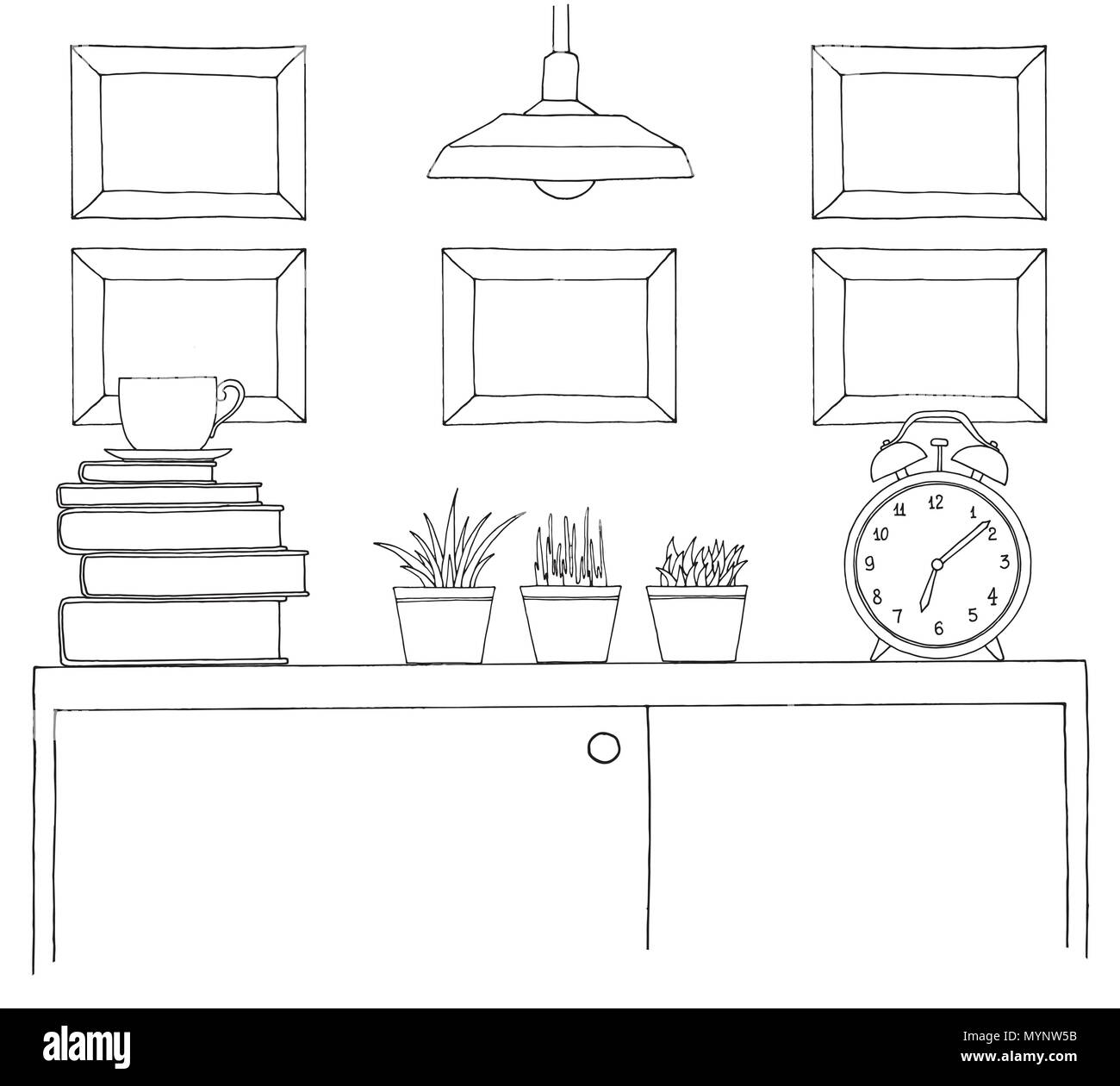 Croquis de l'intérieur. Une table, une table de chevet, une étagère avec divers éléments de l'intérieur. Peut être utilisé comme une maquette. Châssis pour vos graphiques. Illustration de Vecteur