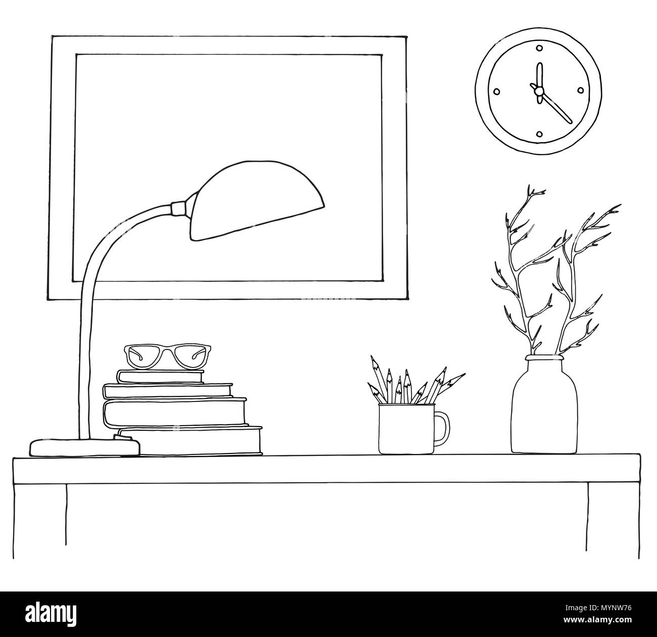 Croquis de l'intérieur. Une table, une table de chevet, une étagère avec divers éléments de l'intérieur. Peut être utilisé comme une maquette. Châssis pour vos graphiques. Illustration de Vecteur