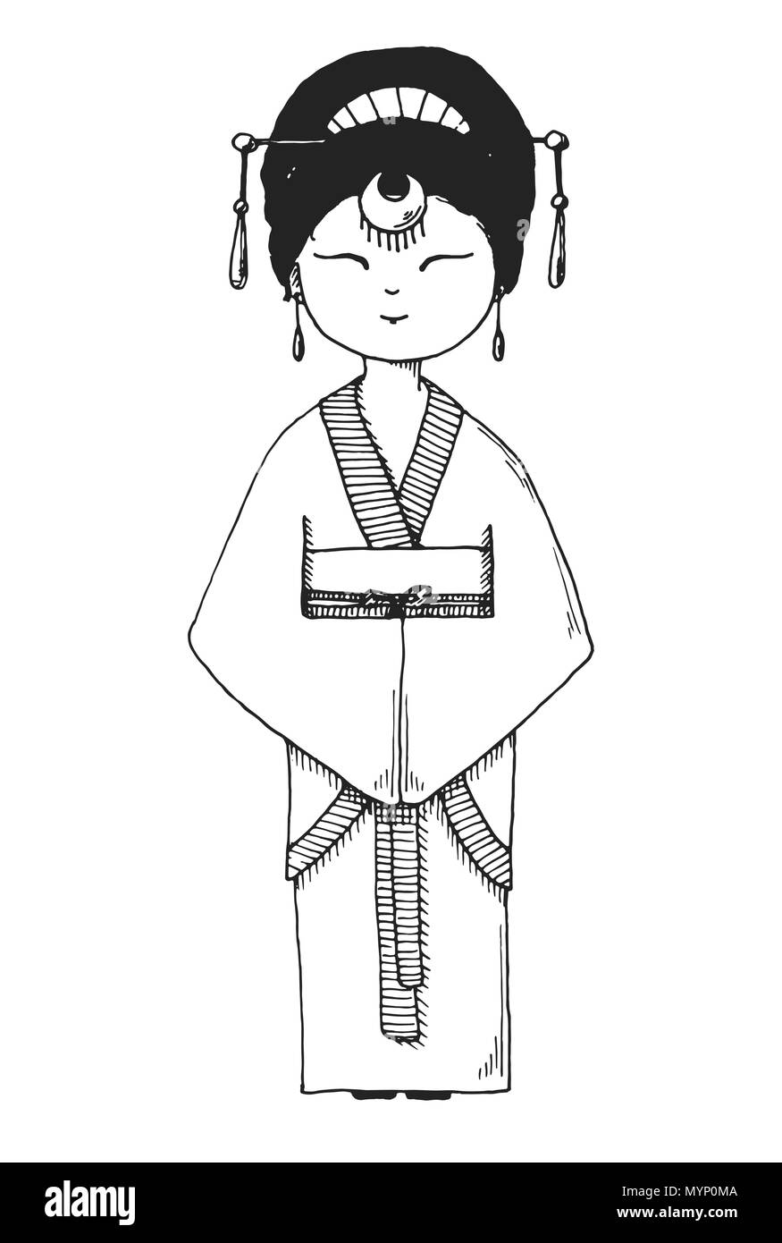 Sketch asian girl en kimono traditionnel. Vector Illustration de Vecteur
