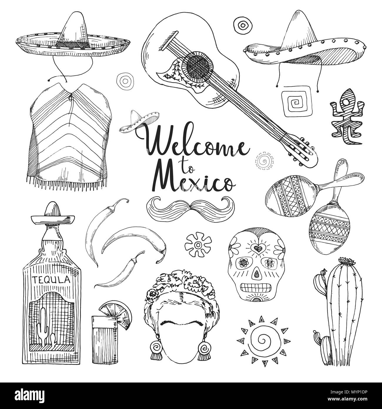 Ensemble d'éléments de la culture mexicaine. Bienvenue au Mexique. Vector illustration au croquis style. Illustration de Vecteur