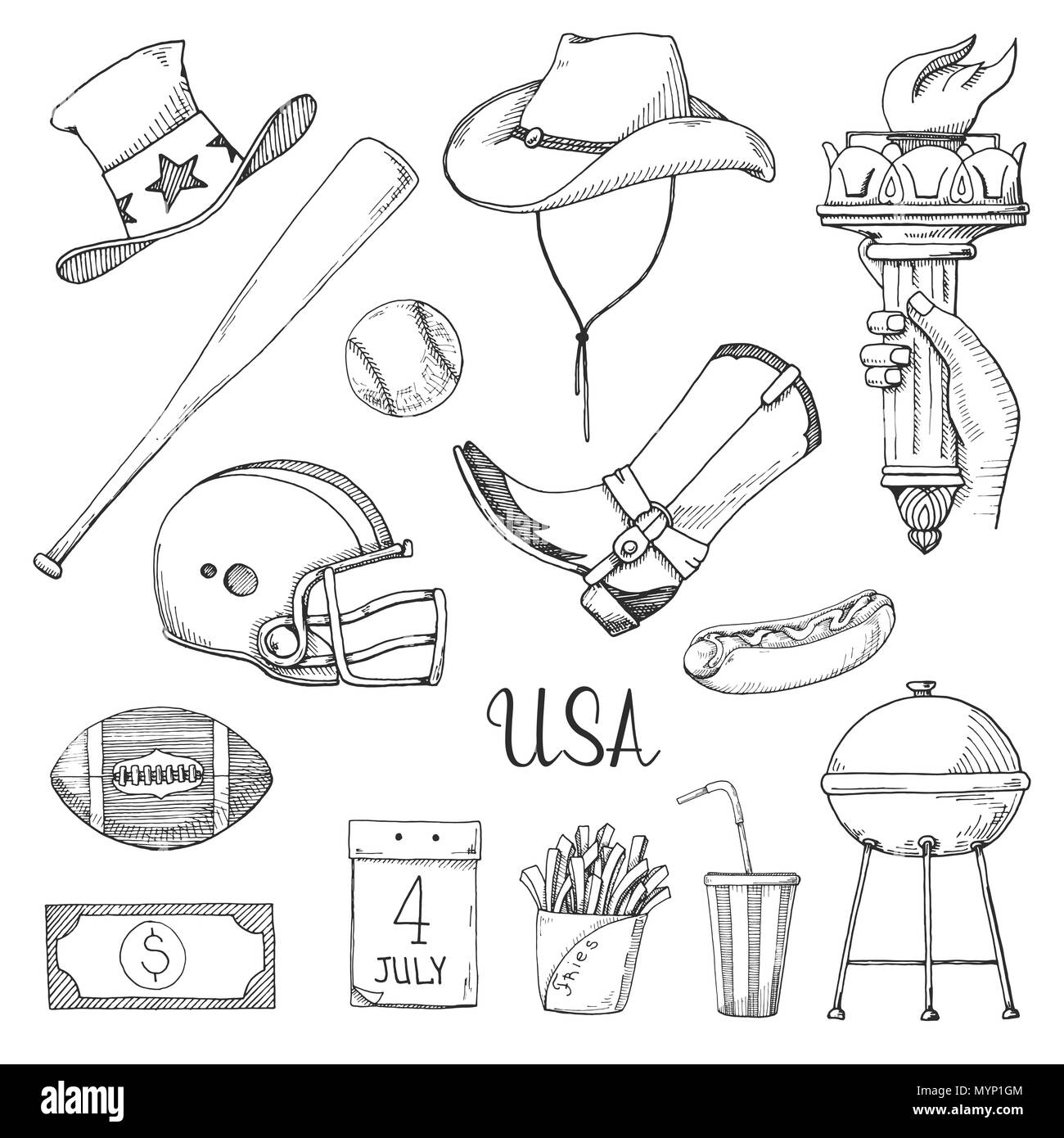Ensemble d'éléments de la culture américaine. Bienvenue en USA. Vector illustration au croquis style. Illustration de Vecteur