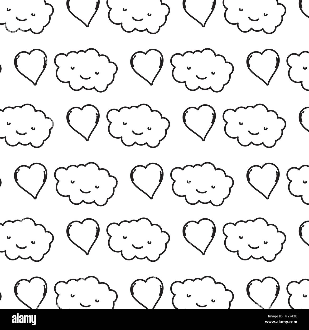 Kawaii ligne nuage nature fluffly et fond du cœur Illustration de Vecteur