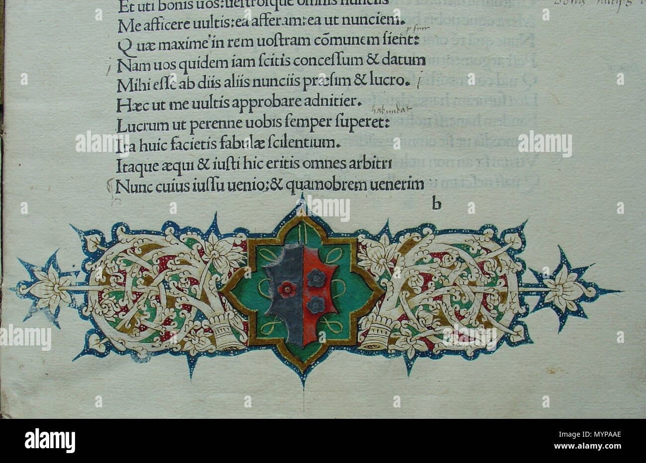 . Wappen aus der Inkunabel UB : Leipzig, Titus Maccius Plautus* : Comoediae. Hrsg. von Georgius Merula. Milan : Ulrich, Scinzenzeller 1. Dezember 1490. 2°. [Inhalt] Widmungsbrief des Hrsg. Un Jacobus Zeno, Bischof von Padua - Vita Plauti von Georgius Merula - Comoediae Plaute : - Brève von Eusèbe Scutarius un Georgius Merula. Ip ISTC00781000. GW M34006. H 13077. Encre BSB-P-574. Bod-inc P-353. Günther 1765. Halbledereinband Spätgotischer [Einband]. Schafleder auf Holz. Italien : Nicht identifizierte Werkstatt. Keine Stempel. 1 Streicheisenlinien. (VD) : /Plaute/, ebenso SV. (SO und SV :) /47/ Banque D'Images