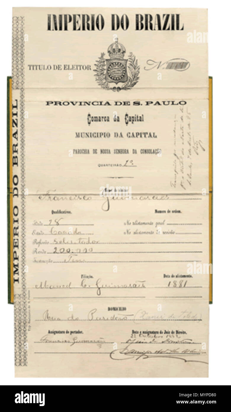 437 Primeiro título eleitoral (Império do Brasil - Província de São Paulo) Banque D'Images