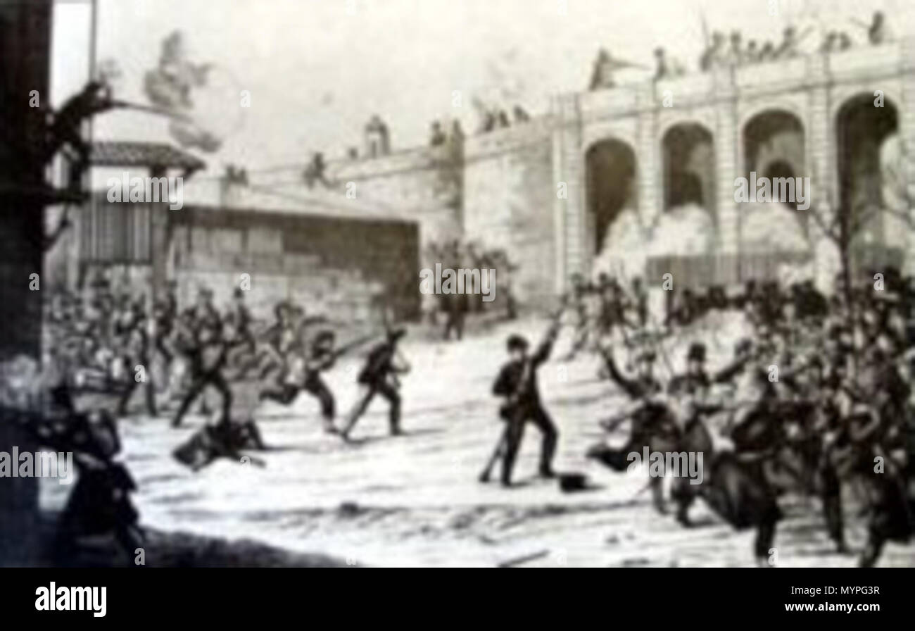 . Español : Lámina del siglo XIX donde se ilustra la sublevación de Barcelona de 1842 contre le général Espartero.. 1842:1842. Vieux 453 Revuelta en Barcelona en 1842 Banque D'Images