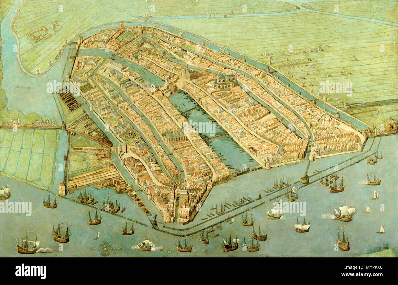 . La plus ancienne carte de Amsterdam, montrant la ville médiévale fini murs, tours et portes. Comme dans la plupart des vieilles cartes d'Amsterdam la ville est illustré à partir de l'IJ, afin que la vue est dirigée vers le sud plutôt que le nord. . Vue d'Amsterdam . En 1538, Amsterdam 1538 366 Banque D'Images