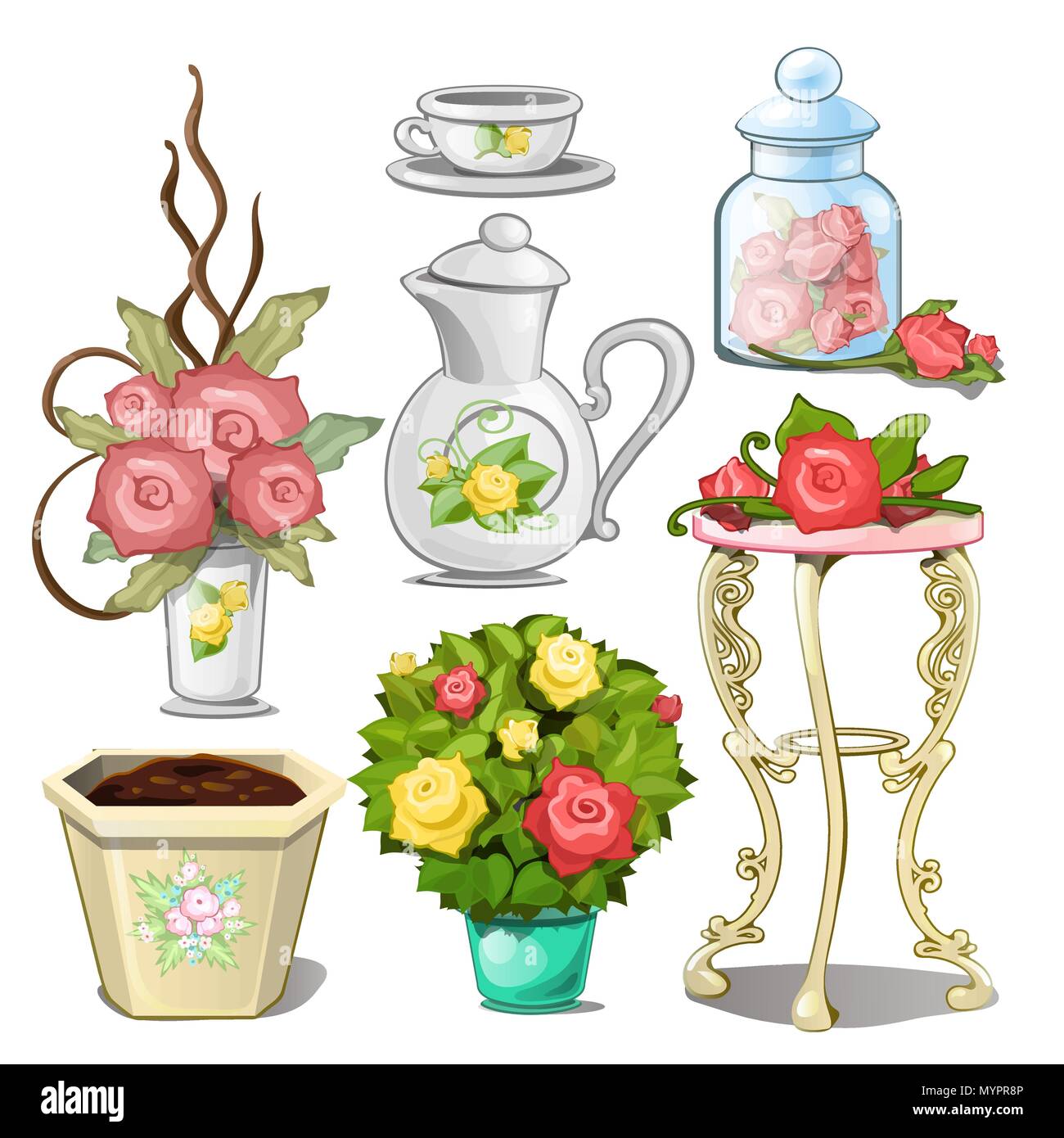 Ensemble d'objets d'intérieur et de la table d'ornements en forme de boutons de fleurs. Vector illustration. Illustration de Vecteur