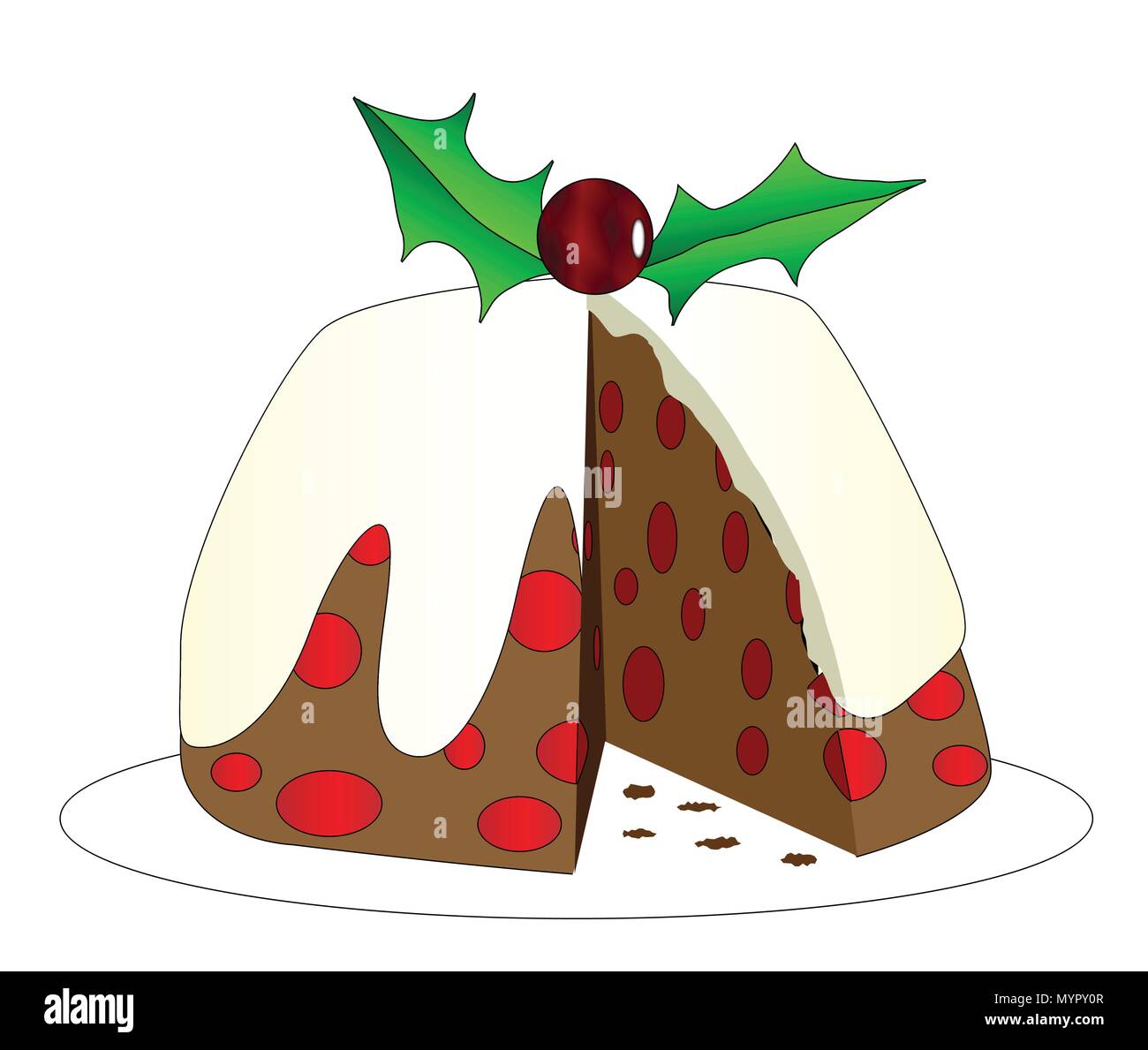 Un pudding de Noël avec une tranche pris toutes sur un fond blanc Illustration de Vecteur