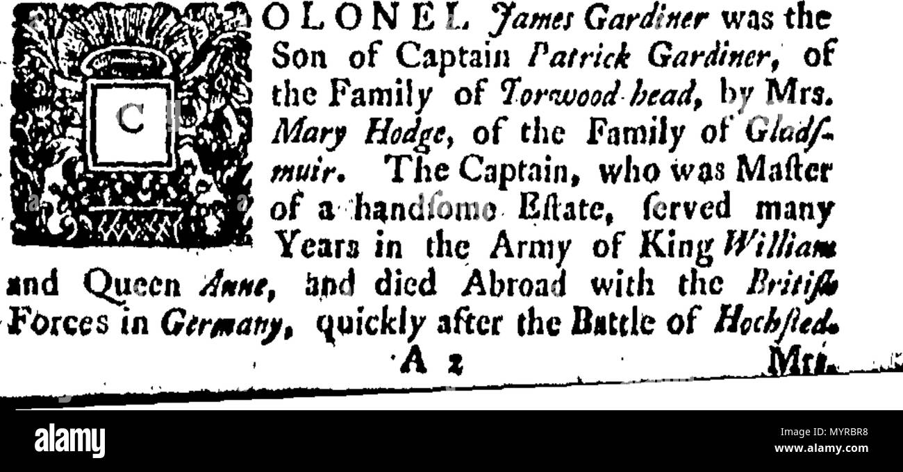 Anglais : fleuron de livre : un extrait de la vie de l'Honorable Colonel  James Gardiner, qui fut tué à la bataille de Prestonpans. 21 septembre,  1745. 335 Un extrait de