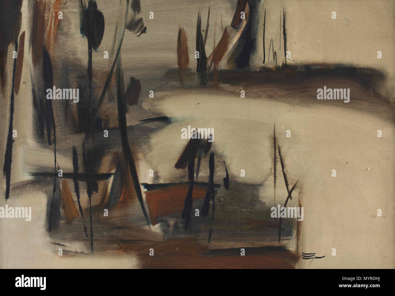 . Anglais : Sans titre (La Clairière), signée en bas à droite (Farsi) ; signé 'OHRAB SEPEHRI' (sur l'inverse) huile sur toile 26 x 38 3/8 à 5/8". (67 x 98cm.) Peint vers 1960 Provenance acquis directement de l'artiste. . Vers 1960. Sohrab Sepehri (1928-1980), peintre iranien Description poète et écrivain Date de naissance/décès 7 Octobre 1928 21 avril 1980 Lieu de naissance/décès Kashan Téhéran Téhéran Iran (lieu de travail) le contrôle d'autorité : Q469991 : VIAF 41851171 ISNI : 0000 0001 0891 0226 RCAC : n80002910 GND : 119026546 028276809 1 WorldCat SUDOC : Sans titre (La Clairière) Banque D'Images