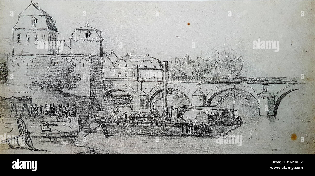 . Anglais : vue sur un bateau à aubes sur la Meuse à Het Bat, au sud du pont Saint-servais à Maastricht, aux Pays-Bas. Dessin de J. d'Estrée, milieu du 19e c. . 16 juillet 2016, 11:22:24. Artiste inconnu, xixe s. Maas 14 &AMP ; Maasbrug à Maastricht, 19e eeuw Banque D'Images