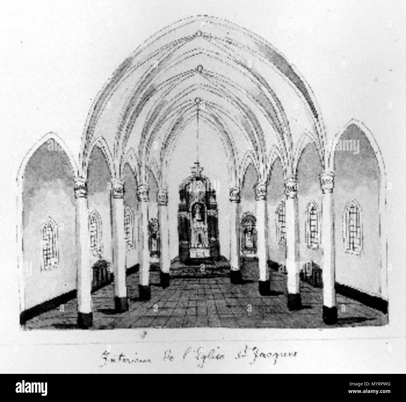 . Anglais : Intérieur de l'ancienne église de Saint James à Maastricht, aux Pays-Bas. L'église a été initialement construit comme la chapelle de l'Hôpital Saint James, destiné aux pèlerins en leur nom à Saint Jacques de Compostelle. À partir de la ca 1632-1803 le bâtiment était utilisé comme église paroissiale de la paroisse de Saint Jean le Baptiste, que les catholiques ont été chassés de leur église par les Protestants. Le dessin est une reconstruction de l'église par Philippe van Gulpen (1792-1862), qui n'avait que 11 ans quand le bâtiment a été démoli. . 16 juillet 2016, 14:24:22. Philippe van Gulpen (1792-1862) 14 Banque D'Images