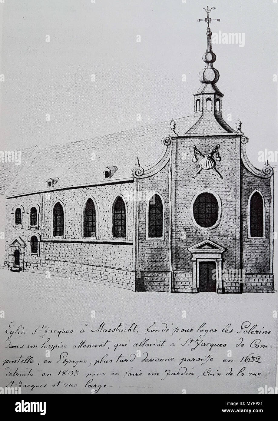 . Anglais : Vue de l'ancienne église de Saint James à Maastricht, aux Pays-Bas. L'église a été initialement construit comme la chapelle de l'Hôpital Saint James, destiné aux pèlerins en leur nom à Saint Jacques de Compostelle. À partir de la ca 1632-1803 le bâtiment était utilisé comme église paroissiale de la paroisse de Saint Jean le Baptiste, que les catholiques ont été chassés de leur église par les Protestants. Le dessin est une reconstruction de l'église par Philippe van Gulpen (1792-1862), qui n'avait que 11 ans quand le bâtiment a été démoli. . 16 juillet 2016, 14:22:10. Philippe van Gulpen (1792-1862) Maa 14 Banque D'Images