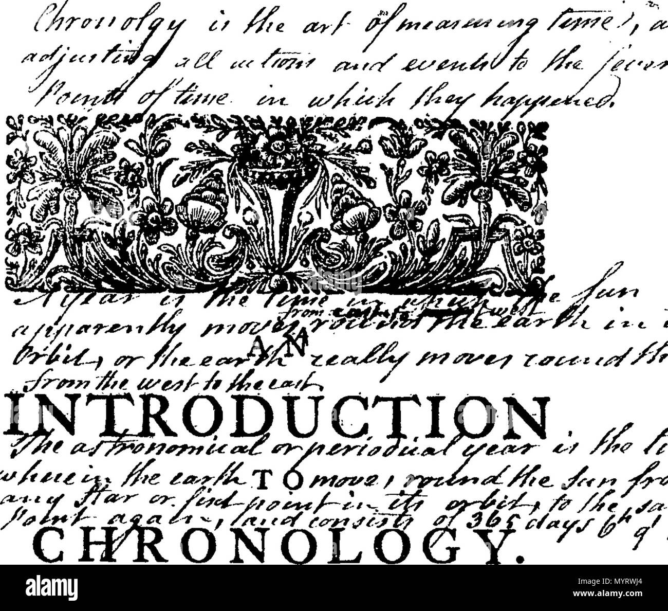 . Anglais : Fleuron du livre : Une introduction à la chronologie : contenant un compte du temps ; aussi des plus remarquables de l'époque, les cycles, l'époque, les périodes, et des fêtes. Pour ce qui est ajouté, un bref compte rendu des plusieurs méthodes proposées pour la modification du style, la réforme du calendrier, et fixant le vrai moment de la célébration de Pâques. Par James Hodgson, F. R. S. et maître de l'école mathématique Royal. 348 Une introduction à la chronologie- contenant un compte du temps ; aussi des plus remarquables de l'époque, les cycles, l'époque, les périodes, et les fêtes mobiles Fleuron T111838-4 Banque D'Images