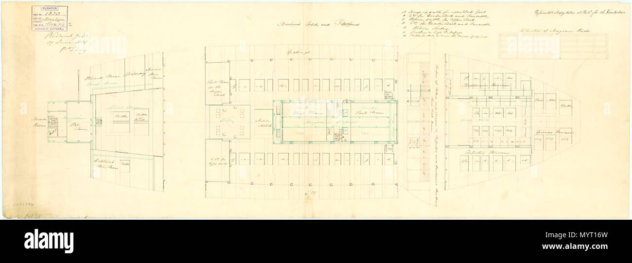 . English : 'Barham' (1811) ; "vengeur" (1813) Échelle : 1:48. Plan montrant l'orlop plate-forme avec l'avant et de recul pour les plates-formes "Barham" (1811), un 74 canons, deux étages, comme coupée à un taux de 50 canons Quatrième Frégate à Woolwich Arsenal. Le plan a été utilisé plus tard pour "vengeur" (813), aussi un 74 canons, deux étages, pour couper la en bas à un taux de 50 canons Quatrième Frégate à Portsmouth Dockyard entre 1828 et 1833. Signé par Oliver Lang [Maître charpentier, Woolwich Arsenal, 1826-1853]. BARHAM 1811 . 29 juin 1831. Inconnu 2 "Barham" (1811) ; "vengeur" (1813) RMG J3691 Banque D'Images
