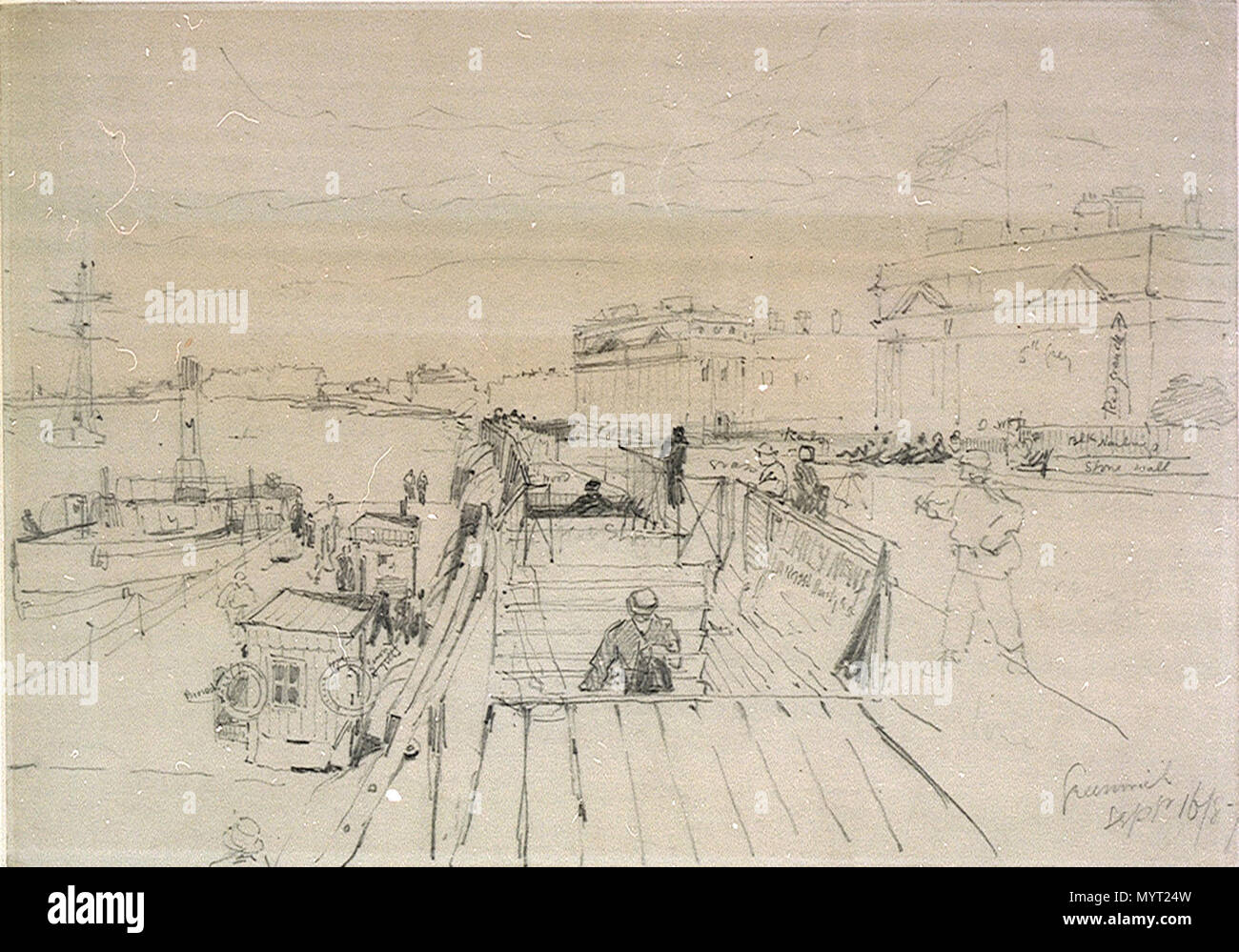 Anglais Dessin Annote De Greenwich Pier En Vue De L Un Des Batiments De L Hopital De L Est Le Dessin Au Crayon A Travers L Avant De La Royal Naval College Depuis Le